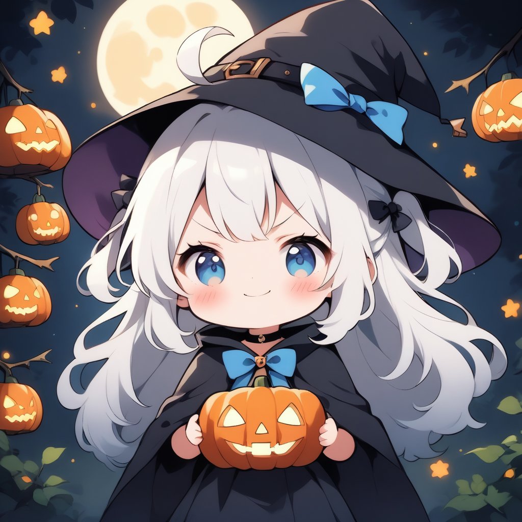 1girl, solo, angel, white hair, long curly hair, (two side up), blue eyes, two blue bows on head, choker, ahoge, (Witch hat), (Witch cloak), Witch dress, (cute pose), cobweb, (skull), pumpkin lantern, moon, blush, (In the forest at night), (eyes highlight), standing, ((upper body)), very beautiful girl, crazy smiling, slightly angry, himecut hairstyle, solo, (chibi), (Focus on face), chibi style,((Chibi character))