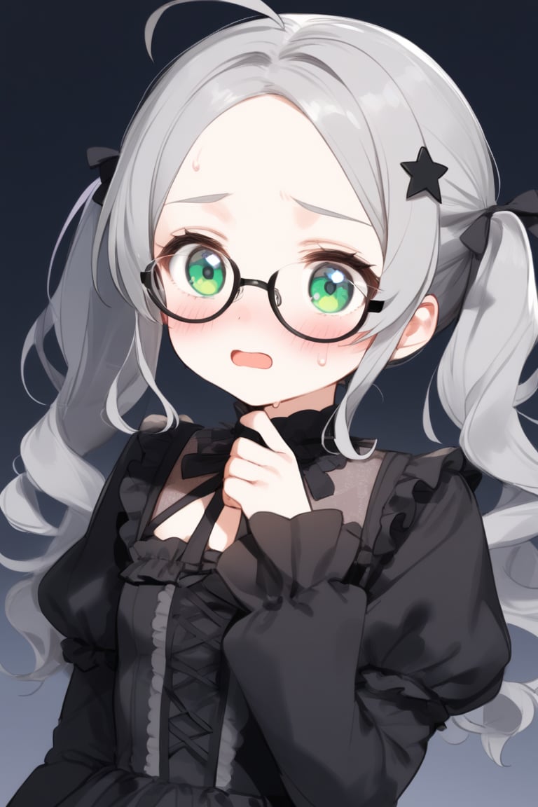  1girl, solo, (gray hair), green eyes, (short Twin ponytails:1.2),  (wavy hair), ahoge, (black round frame glasses:1.2), (black star hairpin), solo, blush, open mouth, Center parted bangs, forehead, lolita_fashion, middle chest, tiny body, cute gothic dress, upper body, sweat, embarrassed,