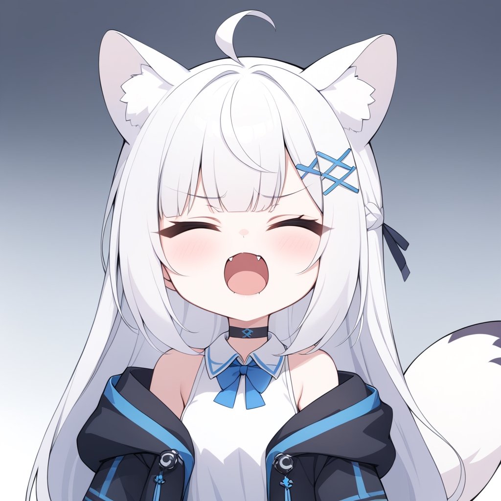 {{{masterpiece}}}, {{{best quality}}}, {{ultra-detailed}}, {beautiful detailed eyes},1girl, solo,  ((white hair)), very long hair, blue eyes, (straight hair), (bangs), animal ears, (stoat ears:1.2), Choker, ahoge, fangs, (big stoat Tail:1.2), (X hairpin), (White sleeveless collared dress, blue chest bow), (black hooded oversized jacket:1.2), (Off the shoulders), ((closed eyes)), angry, upper body,chibi emote style,chibi,emote,