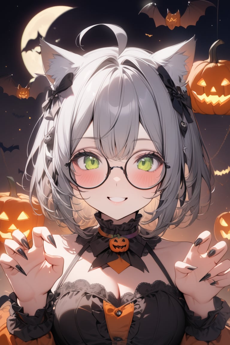 1girl, (gray hair), green eyes, ahoge, (striking bob cut and intense), (black round frame glasses:1.2), Gothic lolita style dress, cat ears, , (claw pose), bats, cobweb, pumpkin lantern, moon, blush, (simple halloween background), (eyes highlight), standing, ((upper body)), very beautiful girl, smiling, happy, himecut hairstyle, masterpiece quality, stunning image, masterpiece, 8K, stunning image, light particles, attractive image, reflections,  \medium\,Beautiful eyes,