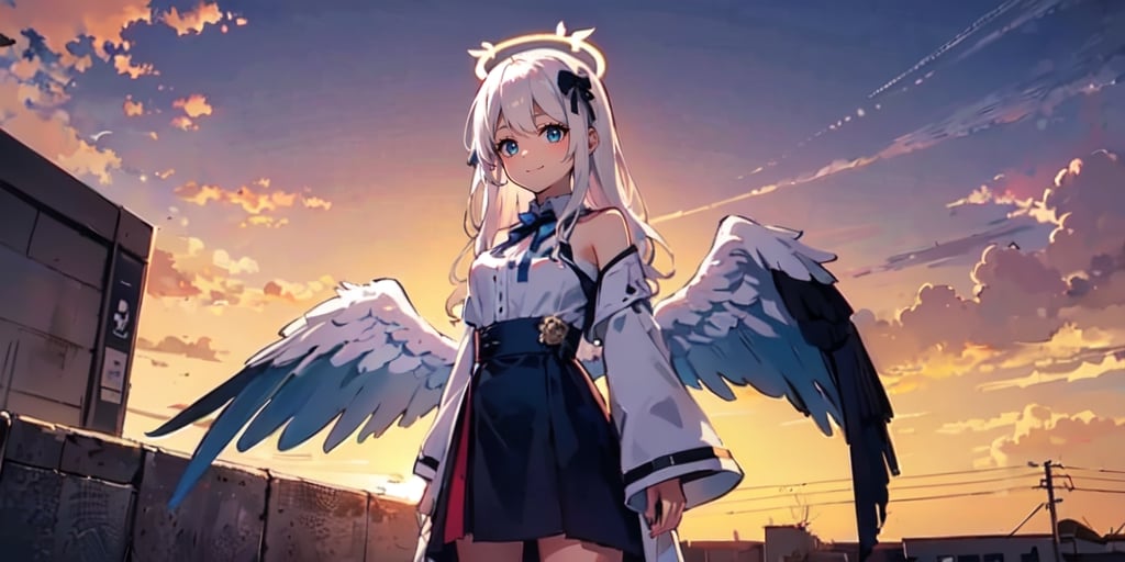  (Best Picture Quality, High Quality, Best Picture Score: 1.3), , Perfect Beauty Score: 1.5, long hair, 1 angel girl, (solo), ((white hair)), (long curly hair), blue eyes, ((two blue ribbons on her hair)), (Double golden halo on her head), (angel wings), (cute outfit), cute smile, background is the setting sun and the sky dyed red by the setting sun, beautiful, cute, masterpiece, best quality,