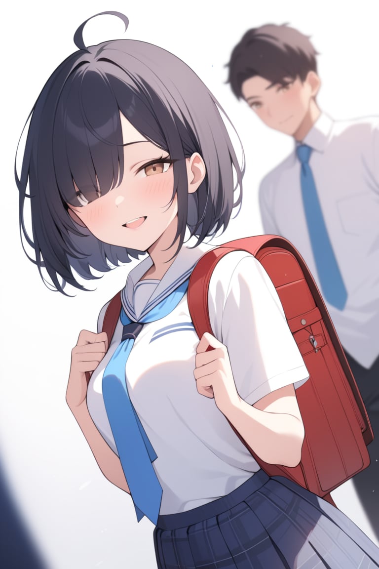 1girl, (dark black hair), brown eyes, ahoge, short hair, (striking bob cut and intense, hair covering one eye:1.2),  (school uniform), tight clothes, white shirt, Short sleeve, blue tie, Blue plaid pleated skirt, backpack, half-closed eyes, solo focus, standing, Open mouth smile,teeth, blush, (upper body), (simple background), (eyes highlight), very beautiful girl, himecut hairstyle, masterpiece quality, stunning image, masterpiece, 8K, stunning image, light particles, attractive image, reflections,  \medium\,Beautiful eyes,