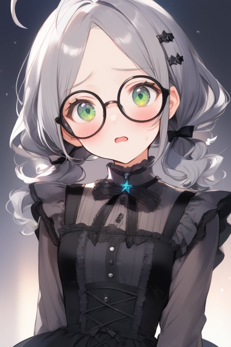  1girl, solo, (gray hair), green eyes, (short Twin ponytails:1.2),  (wavy hair), ahoge, (black round frame glasses:1.2), (black star hairpin), solo, blush, open mouth, Center parted bangs, forehead, lolita_fashion, middle chest, tiny body, cute gothic dress, upper body, sweat, embarrassed,