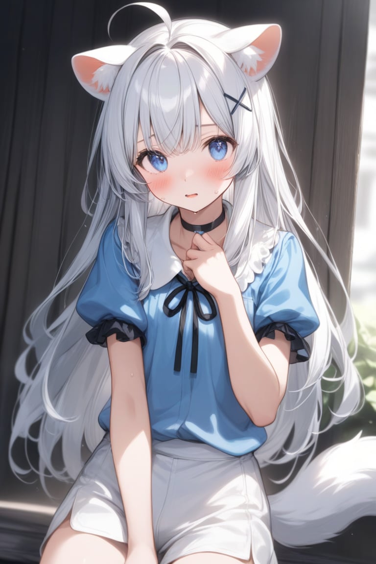 1girl, stoat girl, solo,  ((white hair)), very long hair, blue eyes, (straight hair), (bangs), animal ears, (stoat ears:1.2),
 Choker, ahoge, yaeba, (big white stoat Tail:1.2), (blue X hairpin), solo, long hair, blush, open mouth, bangs, blue eyes, shirt, underwear, upper body, short sleeves, sweat, puffy sleeves, collared shirt, puffy short sleeves, embarrassed, blue shirt