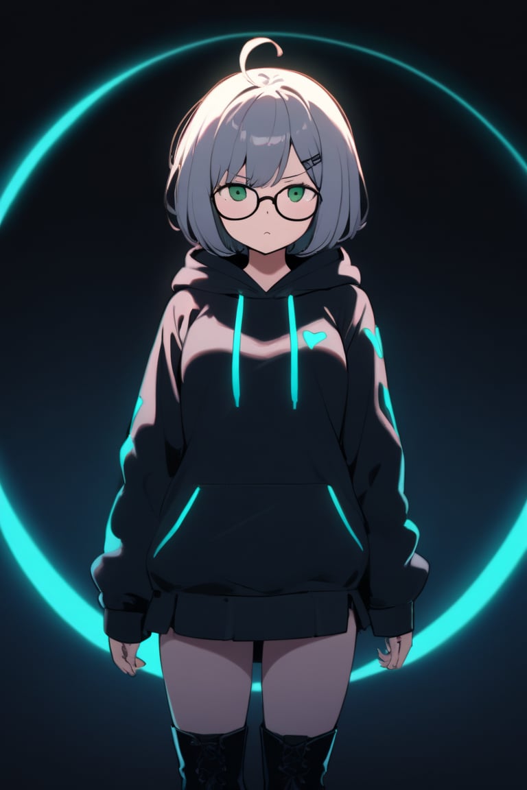 1girl, (gray hair), green eyes, short hair, (Bob Hair, (pony tail:1.2)), ahoge, (black round frame glasses:1.2), (black star hairpin), hooded cloak, Hood Down, long sleeve shirt top,Short skirt, boots, ((White long sleeve hoodie)), mature female, no pupils, straight-on, half-closed eyes, narrowed eyes, pout, blurry background, alp, (((neon theme))), perfect_hands, dark theme, vivid color, masterpiece, best quality, amazing quality, very aesthetic, absurdres, depth of field, score_9, archi-ghelber-style