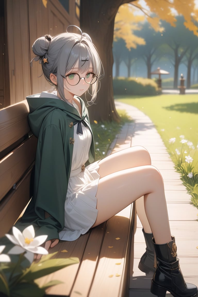 1girl, (gray hair), green eyes, short hair, ahoge, (black round frame glasses:1.2), (black star hairpin), dark green hooded cloak, Hood Down, dress, Short skirt, boots, ((Half Bun hair :1.2)), An animated animated girl with green eyes is sitting on a wooden bench. There is a small white cup of coffee on the bench in front of her. Behind her is a green lawn with small white flowers on it. A tree with yellow leaves is on the left side of the bench. Behind the tree is a wooden door with a black handle. Blurry background, detailed image, detailed skin, stunning image, 8k, proffesional style, luxurious room in background, ((masterpiece: 1.2)), light particles. Masterpiece, stunning image, professional style