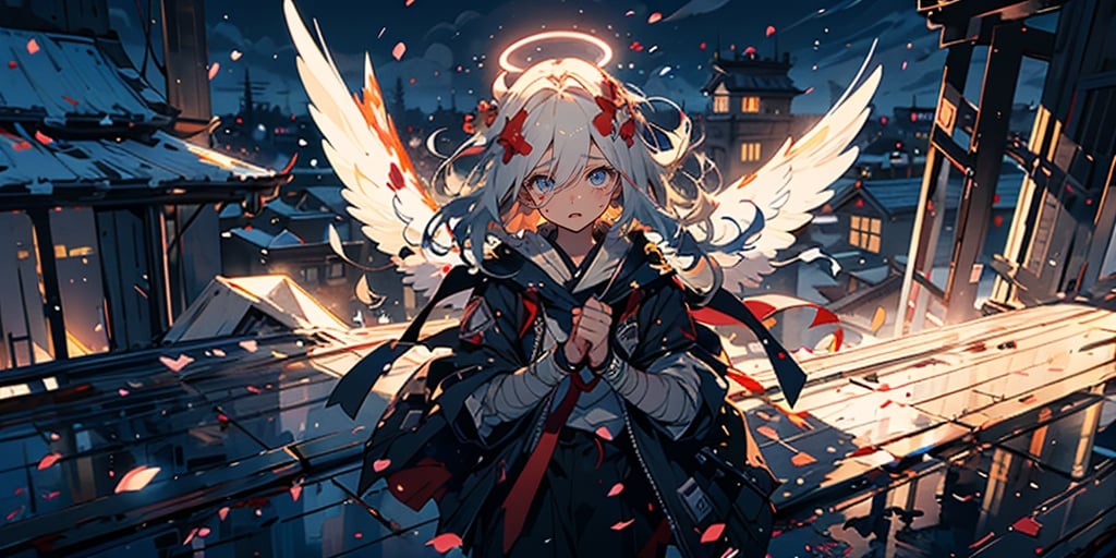 full body,Blood Mist, background_Urban rooftop,1girl, angel, with sliver long curly hair, blue eyes, two blue ribbons on her hair, (Double golden halo on her head), angel wings, despair,blood sakura,((masterpiece)), (((best quality))), ((ultra-detailed)), ((illustration)), ((disheveled hair)),Blood Cherry Blossom,torn clothes,tearing with eyes open,solo,Blood Rain,bandages,Gunpowder smoke,beautiful deatailed shadow, Splashing blood,dust,tyndall effect,portrait,