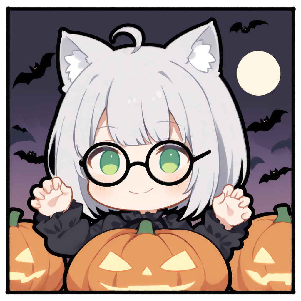 1girl, (gray hair), green eyes, ahoge, (striking bob cut and intense), (black round frame glasses:1.2), Gothic lolita style dress, cat ears, (claw pose), bats, cobweb, pumpkin lantern, moon, blush, (simple halloween background), (eyes highlight), standing, ((upper body)), very beautiful girl, smiling, happy, himecut hairstyle, solo, (chibi), (Focus on face), 