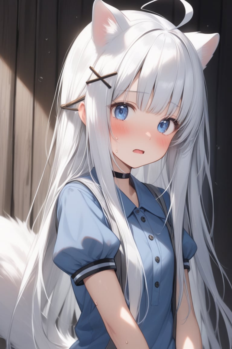 1girl, stoat girl, solo,  ((white hair)), very long hair, blue eyes, (straight hair), (bangs), animal ears, (stoat ears:1.2),
 Choker, ahoge, yaeba, (big white stoat Tail:1.2), (blue X hairpin), solo, long hair, blush, open mouth, bangs, blue eyes, shirt, underwear, upper body, short sleeves, sweat, puffy sleeves, collared shirt, puffy short sleeves, embarrassed, blue shirt