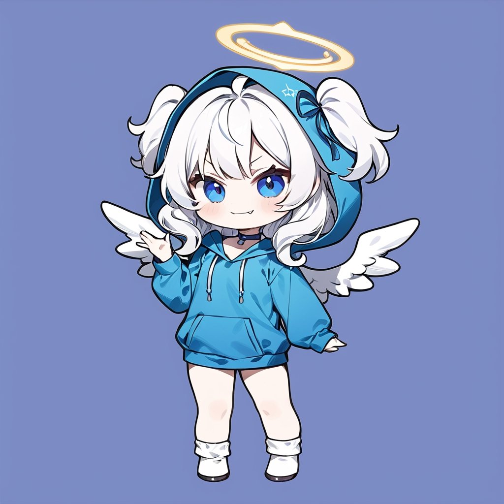 (chibi:1.3), masterpiece, made by a master, 4k, perfect anatomy, perfect details, best quality, high quality, lots of detail.
(solo),1girl, ((angel)), ((white hair)), (long hair:1.3), (two side up), blue eyes,  (curly hair:1.2), (wavy hair), (hair curls), (bangs), (two side up), two ((blue)) hair ties on head, (Double golden halo on her head), choker, ((angel wings)), ahoge, fang, (Blue long sleeve hooded top), ((hood up)), ((put on hood)), Blue pants, white socks, single, slightly angry, (evil smile), (one hand raised), (full body) ,Emote Chibi. cute comic,simple background, flat color, Cute girl,dal,Chibi Style,lineart,