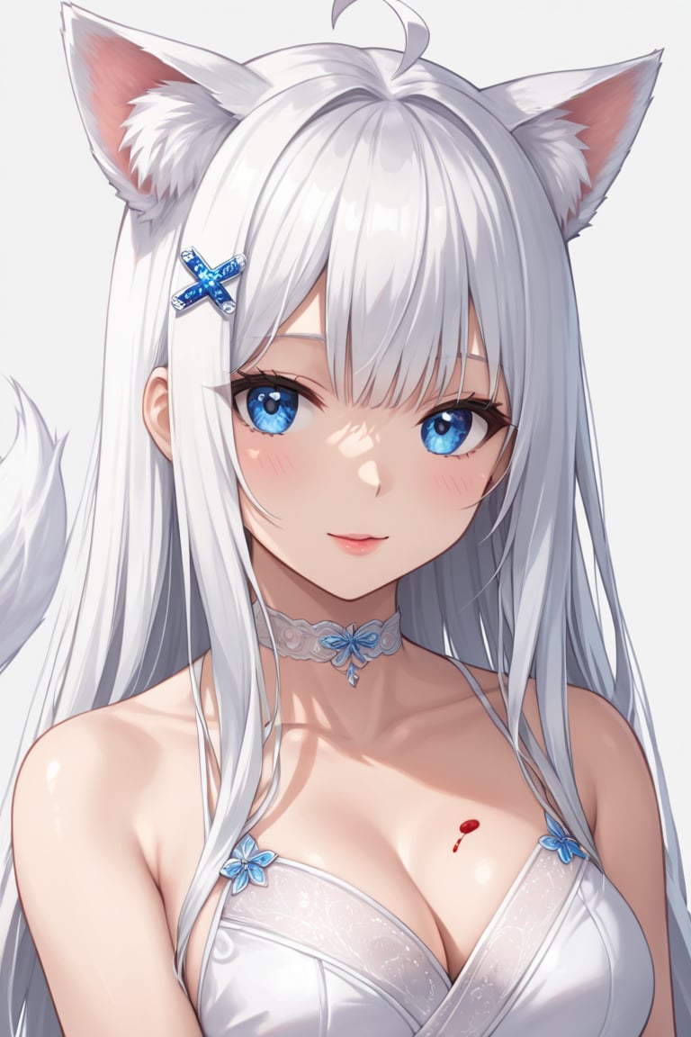 1girl, stoat girl, solo,  ((white hair)), very long hair, blue eyes, (straight hair), (bangs), animal ears, (stoat ears:1.2),
 Choker, ahoge, yaeba, (big white stoat Tail:1.2), (blue X hairpin), Beautiful girl. She is very badass, she wears a very fancy evening dress. detailed image, detailed skin, very close-up. Himecut hairstyle, silver brushtrokes in background.,Eyes,Beautiful eyes,INK,Detail