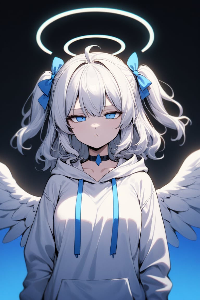  1girl, angel, white hair, long curly hair, (two side up), blue eyes, two blue bows on head, (Double golden halo on her head), choker, angel wings on back, ahoge, ((White long sleeve hoodie)), mature female, no pupils, straight-on, half-closed eyes, narrowed eyes, pout, blurry background, alp, (((neon theme))), perfect_hands, dark theme, vivid color, masterpiece, best quality, amazing quality, very aesthetic, absurdres, depth of field, score_9, archi-ghelber-style