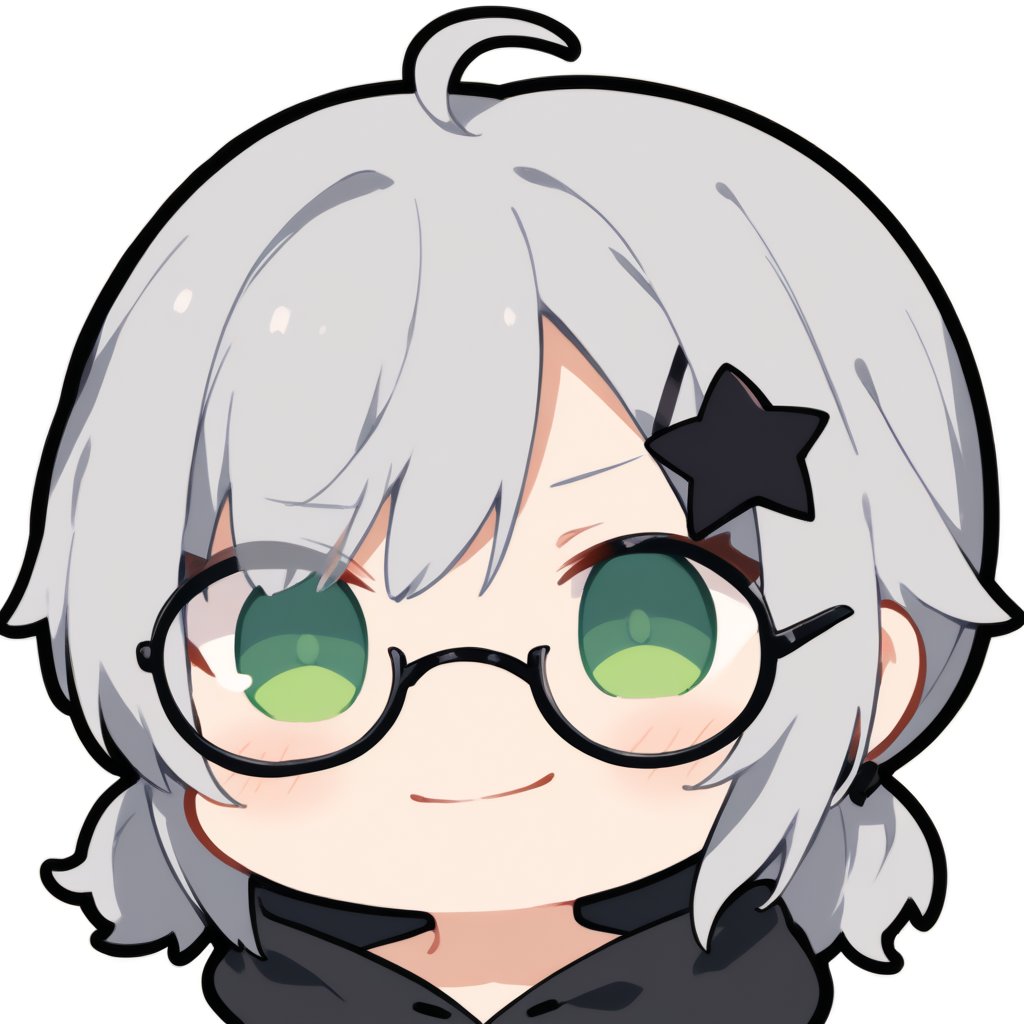 1girl, 1girl, (gray hair), green eyes, (short Twin ponytails:1.2), ahoge, (black round frame glasses:1.2), (black star hairpin), hooded cloak, Hood Down, long sleeve shirt top,Short skirt, boots, solo, (chibi, head only), blush, (close-up portrait), (smug face), Upper Body, (Focus on face), simple white background,