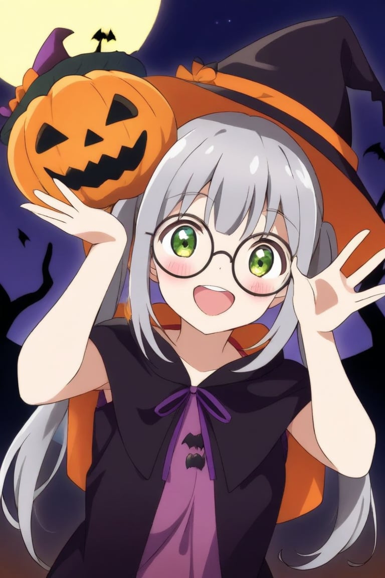 A cute girl ,(gray hair), green eyes, long hair, ( pigtails:1.2), (black round frame glasses:1.2), wearing a pumpkin mask on her head, Halloween costume, celebrating Halloween on the street at night, pumpkin lantern, cute face, smiling, moon, anime style