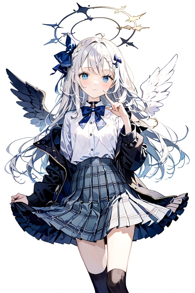 a cute girl,1girl, angel, white hair, long curly hair, ((two side up)), blue eyes, (two blue bows on head), (Double golden halo on her head), choker, angel wings on back, ahoge, shirt, long sleeves, white background, closed mouth, standing,  jacket, full body, braid, pleated skirt, open clothes, shoes, socks, collared shirt, hand up, open jacket, plaid, plaid skirt, brown footwear, cardigan, wing collar, green skirt, black socks, loafers, index finger raised, white shirt,striking a pose with index finger on the chin, indicating confidence or feeling suave,:d,natural light,blush,Mid-shot,masterpiece, best quality, aethetic,（head tilt：1.2）,