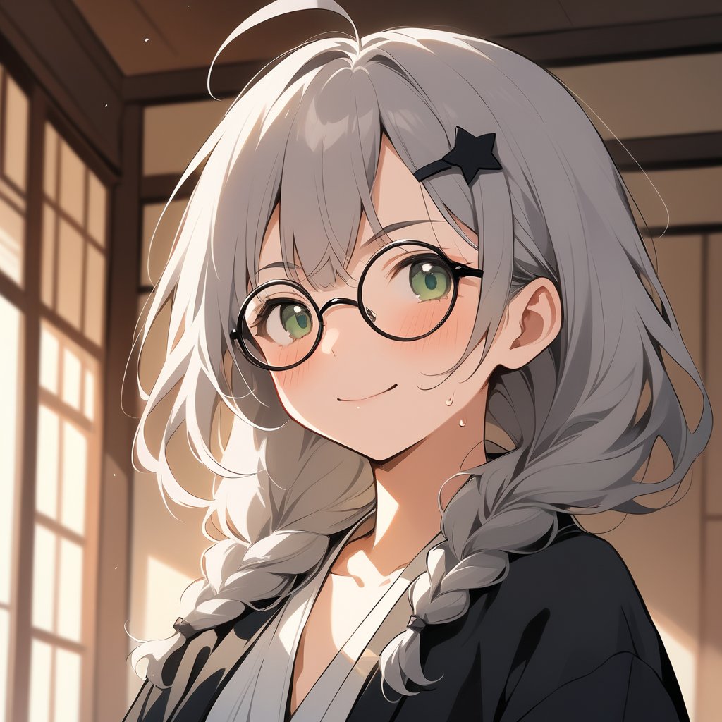 1girl, (gray hair), green eyes, medium hair, (double braid), ahoge, (black round frame glasses:1.2), (black star hairpin), (Japanese clothing), (hanten jacket), cotton pants, Off-shoulder, (happy), (in Japanese room), (eyes highlight), standing, ((upper body)), very beautiful girl, eyes wide open, closed mouth, sweat, slightly angry, himecut hairstyle, solo, (chibi), (Focus on face),((Chibi character))