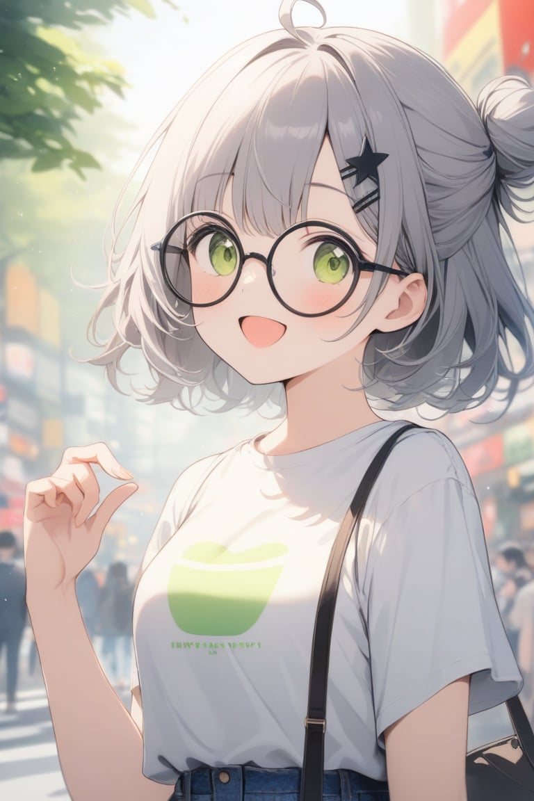 1girl, (gray hair), green eyes, short hair, ahoge, (black round frame glasses:1.2), (black star hairpin), ((Half Bun :1.2)), very beautiful girl, smiling open mouth, happy, himecut hairstyle, casual outfit, Tokyo, watercolor splashes, masterpiece quality, stunning image, masterpiece, 8K, stunning image, light particles, attractive image, reflections, watercolor \(medium\),Beautiful eyes,