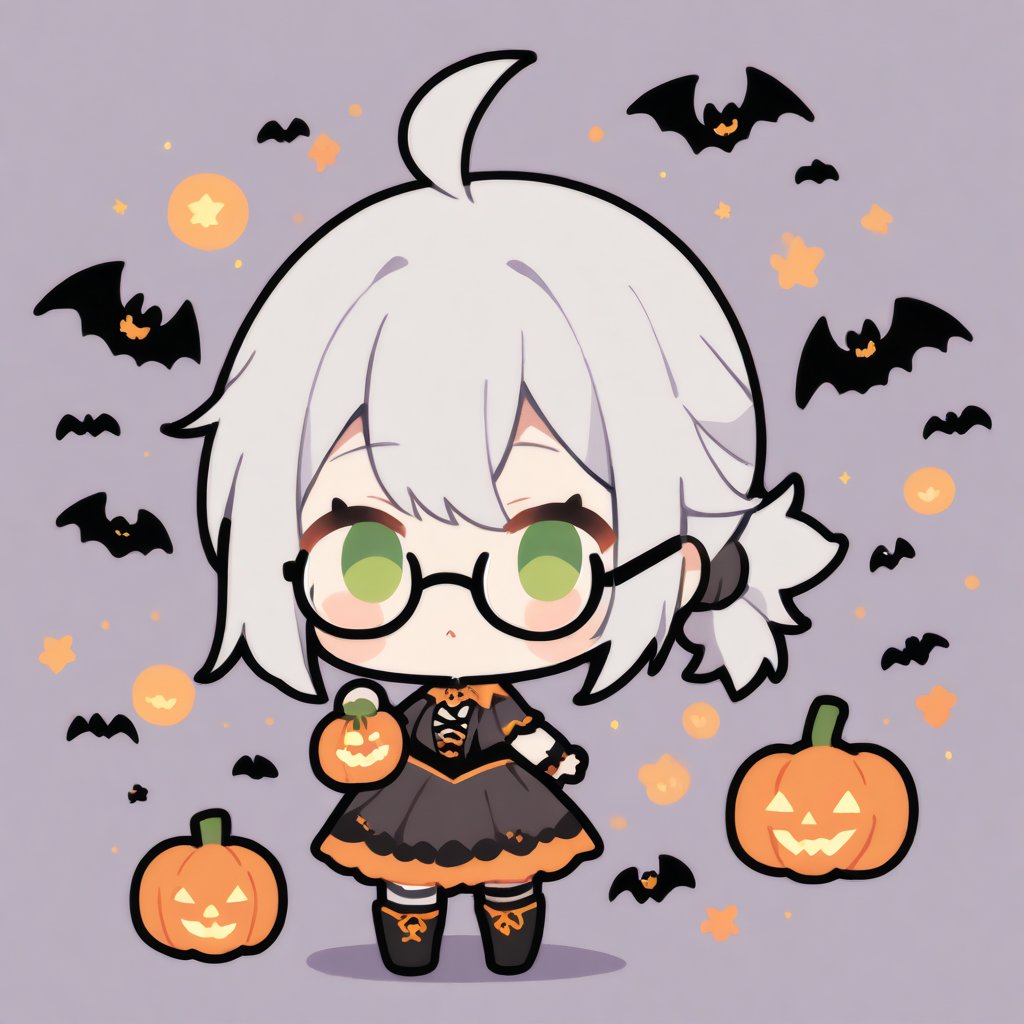 1girl, (gray hair), green eyes, ahoge, (short ponytail:1.2), (black round frame glasses:1.2), dress, halloween outfit, boots, bats, cobweb, pumpkin lantern, blush, simple halloween background), (eyes highlight), standing, solo, (chibi), (Focus on face), 