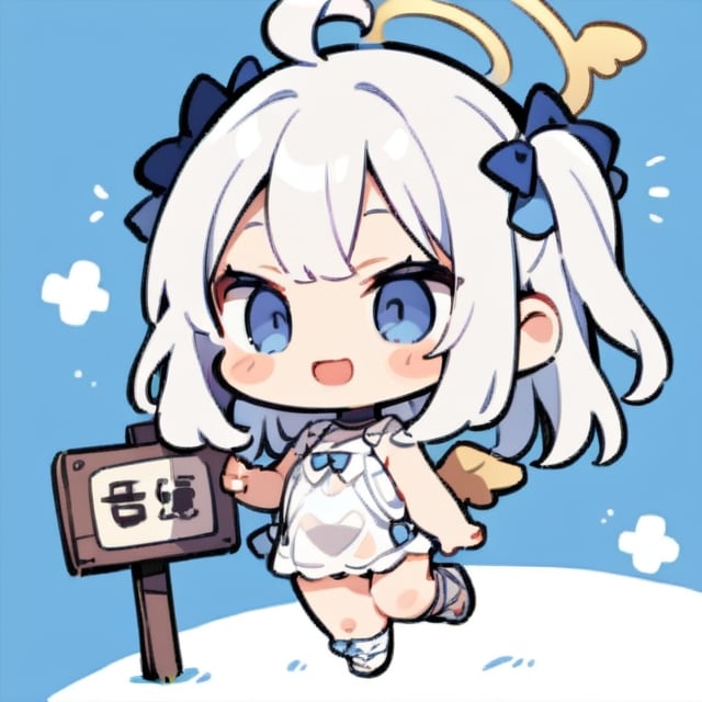  chibi, masterpiece, best quality, solo, 1girl, angel, white hair, long curly hair, (two side up), blue eyes, two blue bows on head, (Double golden halo on her head), choker, angel wings on back, ahoge, full body, cute smile, best smile, open mouth, Wearing blue and white dress, short pants, (Holding a huge stand sign), simple background,masterpiece,Chibi anime,doodle,cute comic,