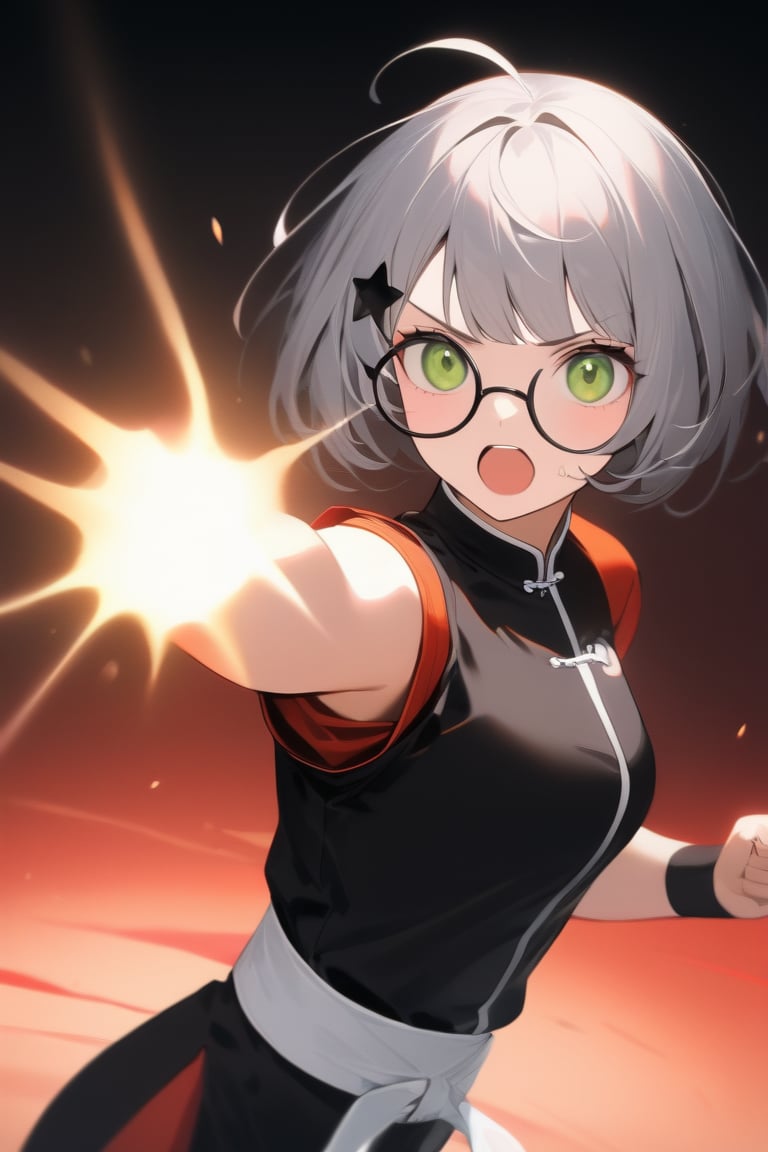 1girl, (gray hair), green eyes, short hair, (Bob Hair), ahoge, (black round frame glasses:1.2), (black star hairpin), (Kung Fu Uniform), (attack), (fighting), Punch, Punching in viewer, (in the dojo), aura, (eyes highlight), standing, ((upper body)), very beautiful girl, eyes wide open, Open mouth wide, sweat, slightly angry, himecut hairstyle, masterpiece quality, stunning image, masterpiece, 8K, stunning image, light particles, attractive image, reflections,  \medium\,Beautiful eyes,