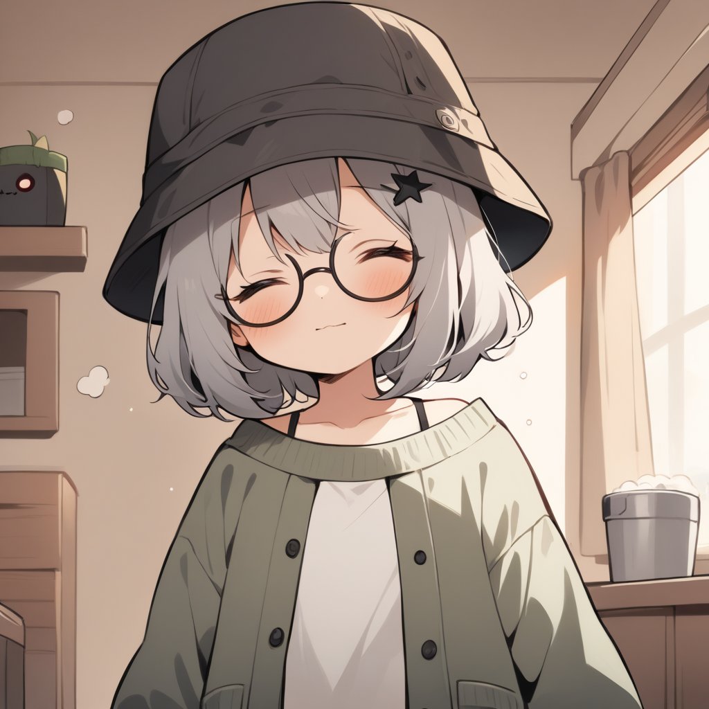 1girl, (gray hair), green eyes, medium hair, (bucket hat:1.2), (black round frame glasses:1.2), (black star hairpin), (light top), collarbone, (Sweater Jacket), cotton pants, Off-shoulder, (happy), (in room), indoor, (eyes highlight), standing, ((upper body)), very beautiful girl, Sleepy eyes, closed mouth, :), slightly angry, himecut hairstyle, solo, (chibi), (Focus on face),((Chibi character))