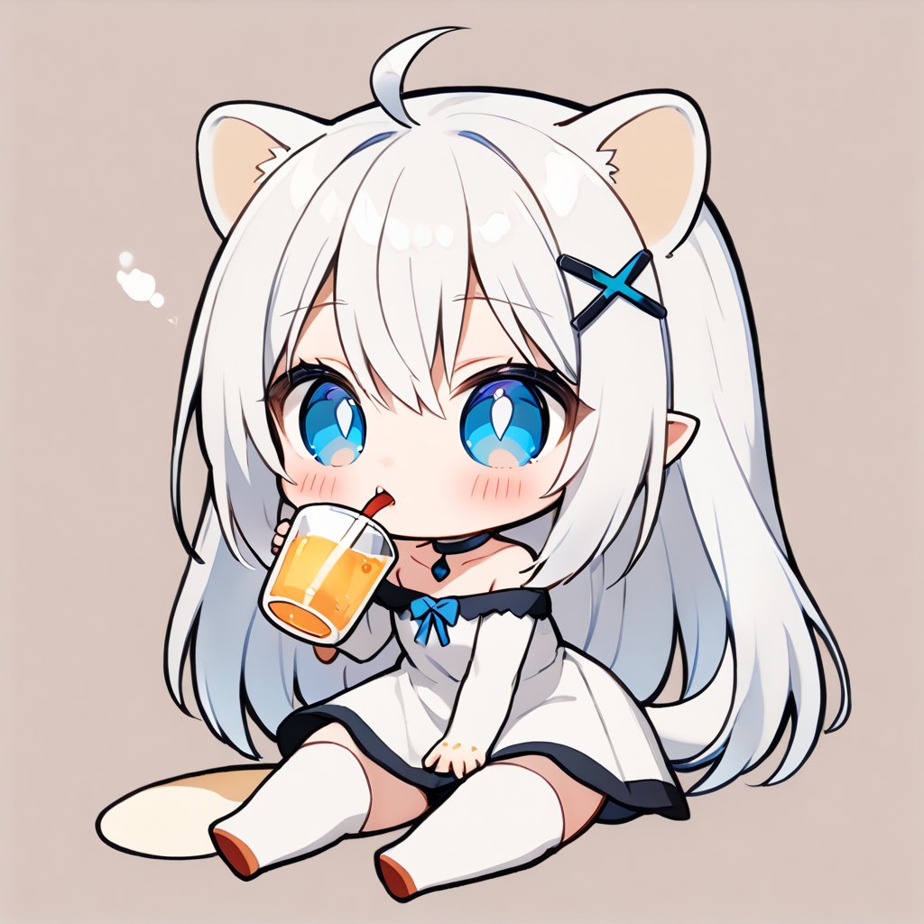 masterpiece, 1girl, stoat girl, solo,  ((white hair)), very long hair, blue eyes, (straight hair), (bangs), animal ears, (stoat ears:1.2),
 Choker, ahoge, fangs, (big stoat Tail:1.2), (blue X hairpin), solo, long hair, blush, bangs, simple background, cute dress, white background, hair between eyes, collarbone, (((drinking))), ahoge, lips parted, off shoulder, chibi, (((up body))),flat style, 