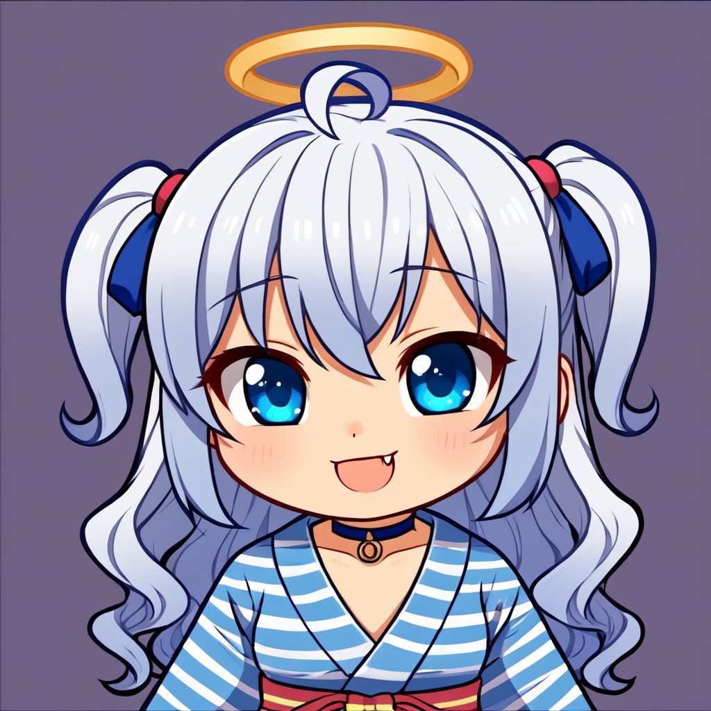 (chibi:1.3), masterpiece, made by a master, 4k, perfect anatomy, perfect details, best quality, high quality, lots of detail.
(solo), 1girl, angel, white hair, long curly hair, (two side up), blue eyes, (curly hair:1.2), (wavy hair), (hair curls), (bangs), (two side up), two blue hair ties on head, (Double golden halo on her head), bowtie choker, angel wings, ahoge, fang, (cute yukata, colorful yukata), smiling, single, (((>_<:1.4))), (upper body) ,Emote Chibi. cute comic,simple background, flat color, Cute girl,dal,Chibi Style,lineart,comic book,