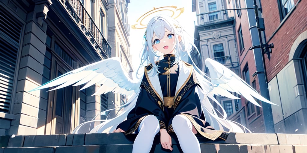 vibrant colors, female, masterpiece, sharp focus, best quality, depth of field, cinematic lighting, ((solo, one woman )), (illustration, 8k CG, extremely detailed), masterpiece, ultra-detailed,
1angel, (white hair), long curly hair, blue eyes, (two blue ribbons on her hair), (Double golden halo on her head), angel wings, sweater, cute outfit, sitting, against the wall, beside the street, open mouth, best smile, cute face, (full body),  perfect light,1girl white hair blue eyes x hair ornament,masterpiece,