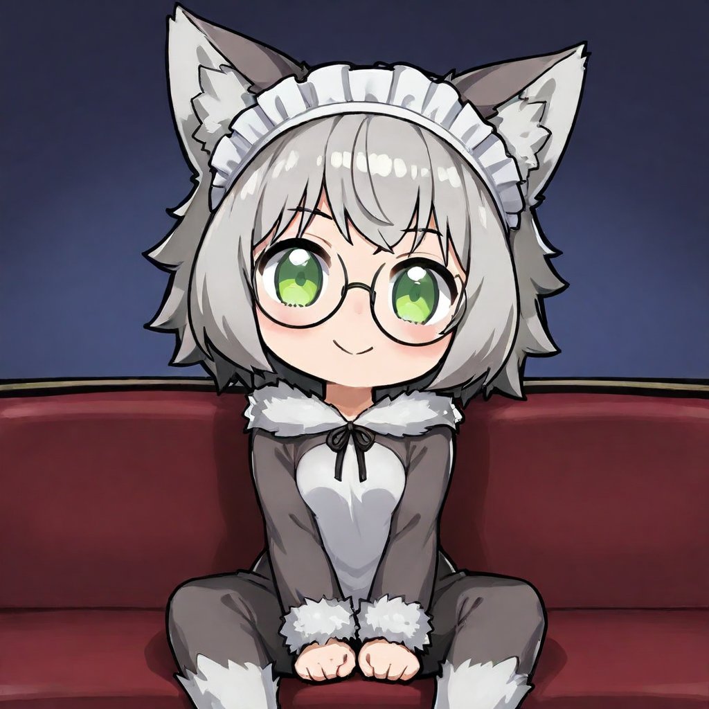 1girl, (gray hair), green eyes, (short hair), (Flat bangs), (black round frame glasses:1.2), (wolf ear headdress), (Wearing werewolf costume:1.2), (happy), (indoor), (eyes highlight), very beautiful girl, very cute face, (Medium chest), proud expression, :), sitting on sofa, cute pose, headtilt, solo, (chibi),((Chibi character)), chibi style, flat-color-style