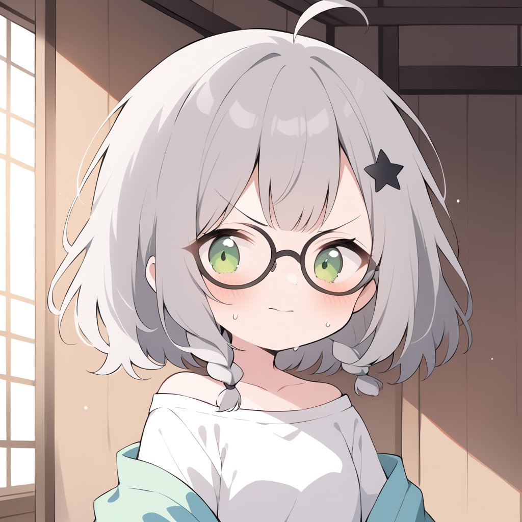 1girl, (gray hair), green eyes, medium hair, (double braid), ahoge, (black round frame glasses:1.2), (black star hairpin), (T-shirt), (hanten jacket), cotton pants, Off-shoulder, (happy), (in Japanese room), (eyes highlight), standing, ((upper body)), very beautiful girl, eyes wide open, closed mouth, sweat, slightly angry, himecut hairstyle, solo, (chibi), (Focus on face),((Chibi character))