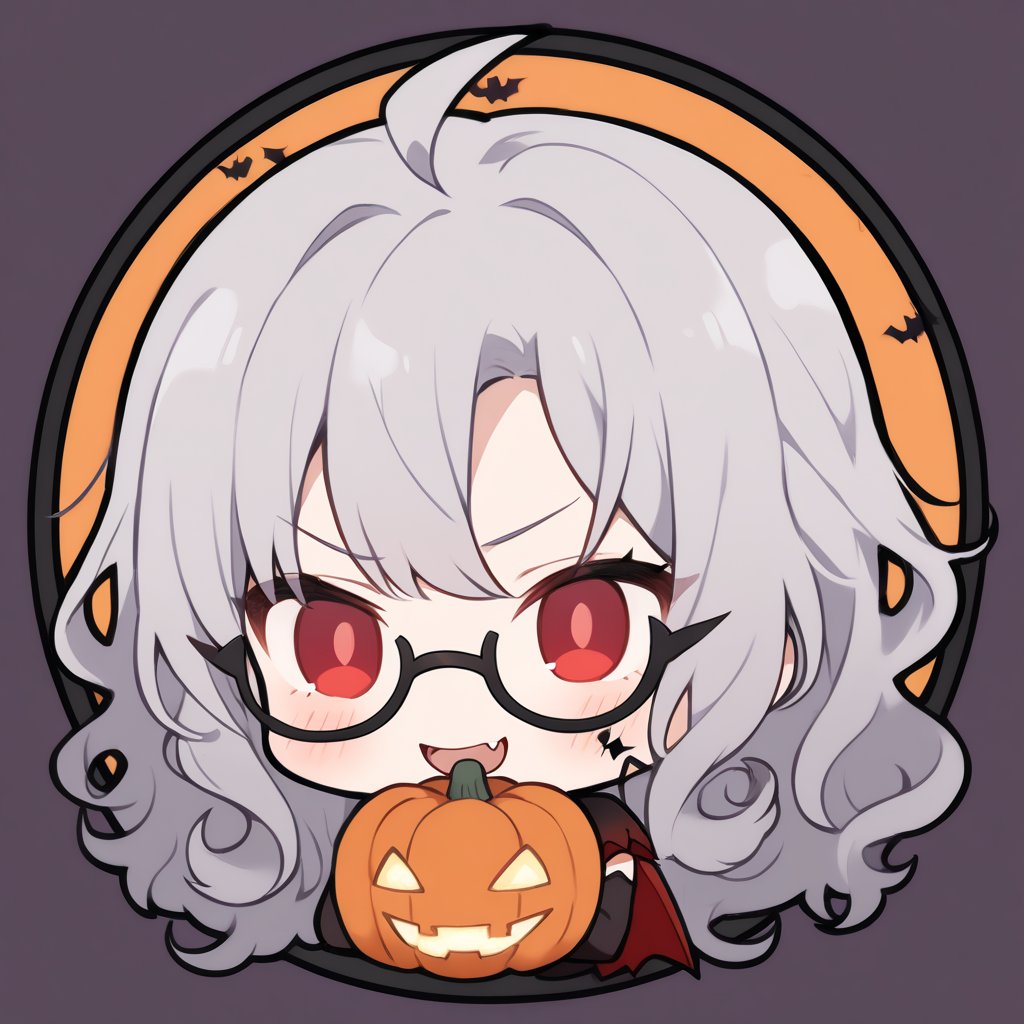 1girl, (gray hair), red eyes, ahoge, (long curly hairs), (black round frame glasses:1.2), (vampire style dress), (Vampire Fangs) , (Arms Crossed), bats, cobweb, pumpkin lantern, moon, blush, (simple halloween background), (eyes highlight), standing, ((upper body)), very beautiful girl, smiling, slightly angry, himecut hairstyle, solo, (chibi), (Focus on face), 