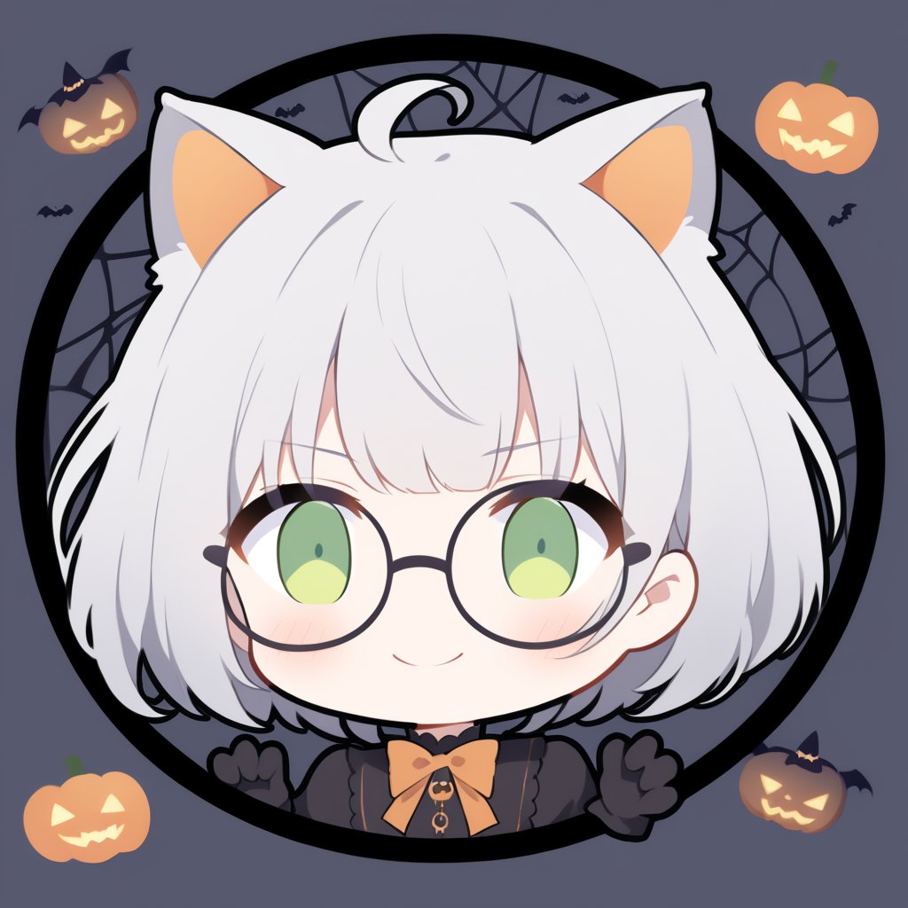 1girl, (gray hair), green eyes, ahoge, (striking bob cut and intense), (black round frame glasses:1.2), Gothic lolita style dress, cat ears, (claw pose), bats, cobweb, pumpkin lantern, moon, blush, (simple halloween background), (eyes highlight), standing, ((upper body)), very beautiful girl, smiling, happy, himecut hairstyle, solo, (chibi), (Focus on face), 