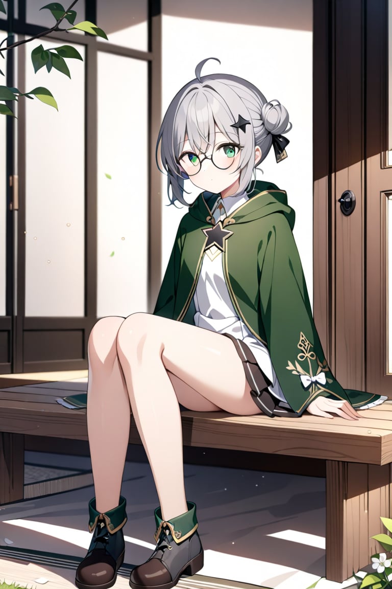 1girl, (gray hair), green eyes, short hair, ahoge, (black round frame glasses:1.2), (black star hairpin), dark green hooded cloak, Hood Down, dress, Short skirt, boots, ((Half Bun hair :1.2)), An animated girl with green eyes is sitting on a wooden bench. There is a small white cup of coffee on the bench in front of her. Behind her is a green lawn with small white flowers on it. A tree with yellow leaves is on the left side of the bench. Behind the tree is a wooden door with a black handle. Blurry background, detailed image, detailed skin, stunning image, 8k, proffesional style, luxurious room in background, ((masterpiece: 1.2)), light particles. Masterpiece, stunning image, professional style