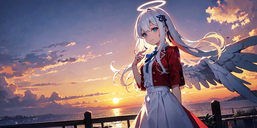  (Best Picture Quality, High Quality, Best Picture Score: 1.3), , Perfect Beauty Score: 1.5, long hair, 1 angel girl, (solo), ((white hair)), (long curly hair), blue eyes, ((two blue ribbons on her hair)), (Double golden halo on her head), (angel wings), (cute outfit), cute smile, background is the setting sun and the sky dyed red by the setting sun, beautiful, cute, masterpiece, best quality,