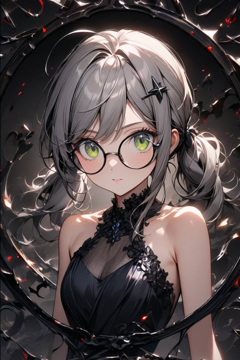  1girl, solo, (gray hair), green eyes, (short Twin ponytails:1.2), ahoge, (black round frame glasses:1.2), (black star hairpin), Beautiful girl. She is very badass, she wears a very fancy evening dress. detailed image, detailed skin, very close-up. silver brushtrokes in background.,Eyes,Beautiful eyes,INK,Detail