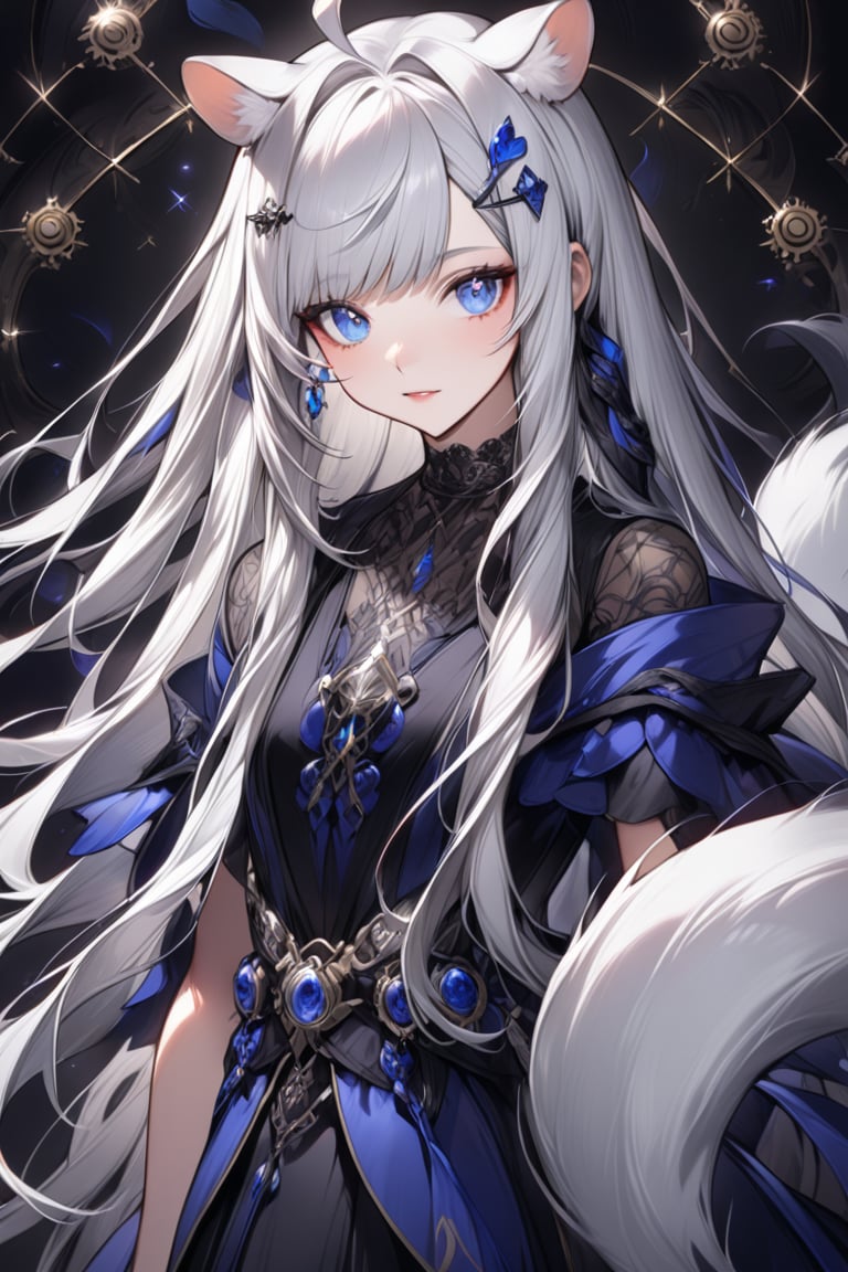 1girl, stoat girl, solo,  ((white hair)), very long hair, blue eyes, (straight hair), (bangs), animal ears, (stoat ears:1.2),
 Choker, ahoge, yaeba, (big white stoat Tail:1.2), (blue X hairpin), Beautiful girl. She is very badass, she wears a very fancy evening dress. detailed image, detailed skin, very close-up. Himecut hairstyle, silver brushtrokes in background.,Eyes,Beautiful eyes,INK,Detail