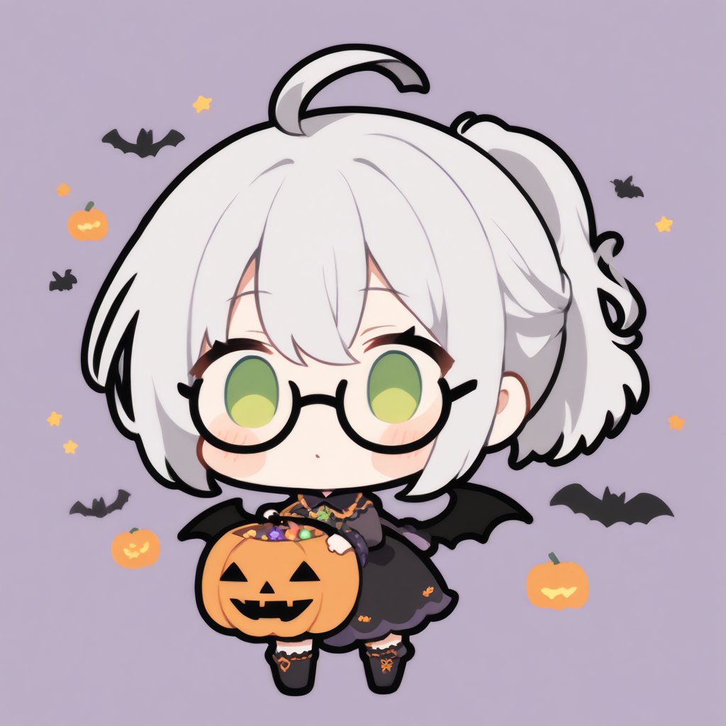 1girl, (gray hair), green eyes, ahoge, (short ponytail:1.2), (black round frame glasses:1.2), dress, halloween outfit, boots, bats, cobweb, pumpkin lantern, blush, simple halloween background), (eyes highlight), standing, solo, (chibi), (Focus on face), 