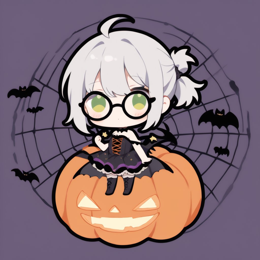 1girl, (gray hair), green eyes, ahoge, (short ponytail:1.2), (black round frame glasses:1.2), dress, halloween outfit, boots, bats, cobweb, pumpkin lantern, blush, simple halloween background), (eyes highlight), standing, solo, (chibi), (Focus on face), 