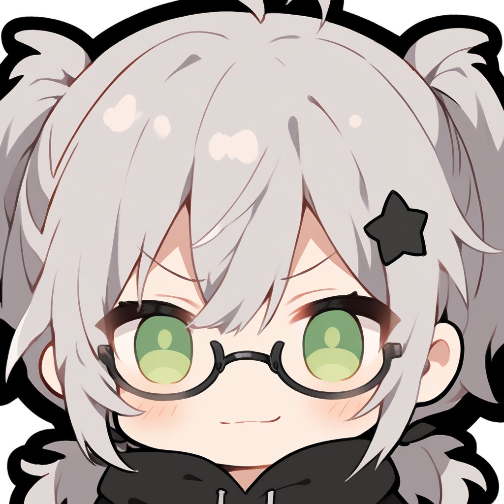 1girl, 1girl, (gray hair), green eyes, (short Twin ponytails:1.2), ahoge, (black round frame glasses:1.2), (black star hairpin), hooded cloak, Hood Down, long sleeve shirt top,Short skirt, boots, solo, (chibi, head only), blush, (close-up portrait), (smug face), Upper Body, (Focus on face), simple white background,