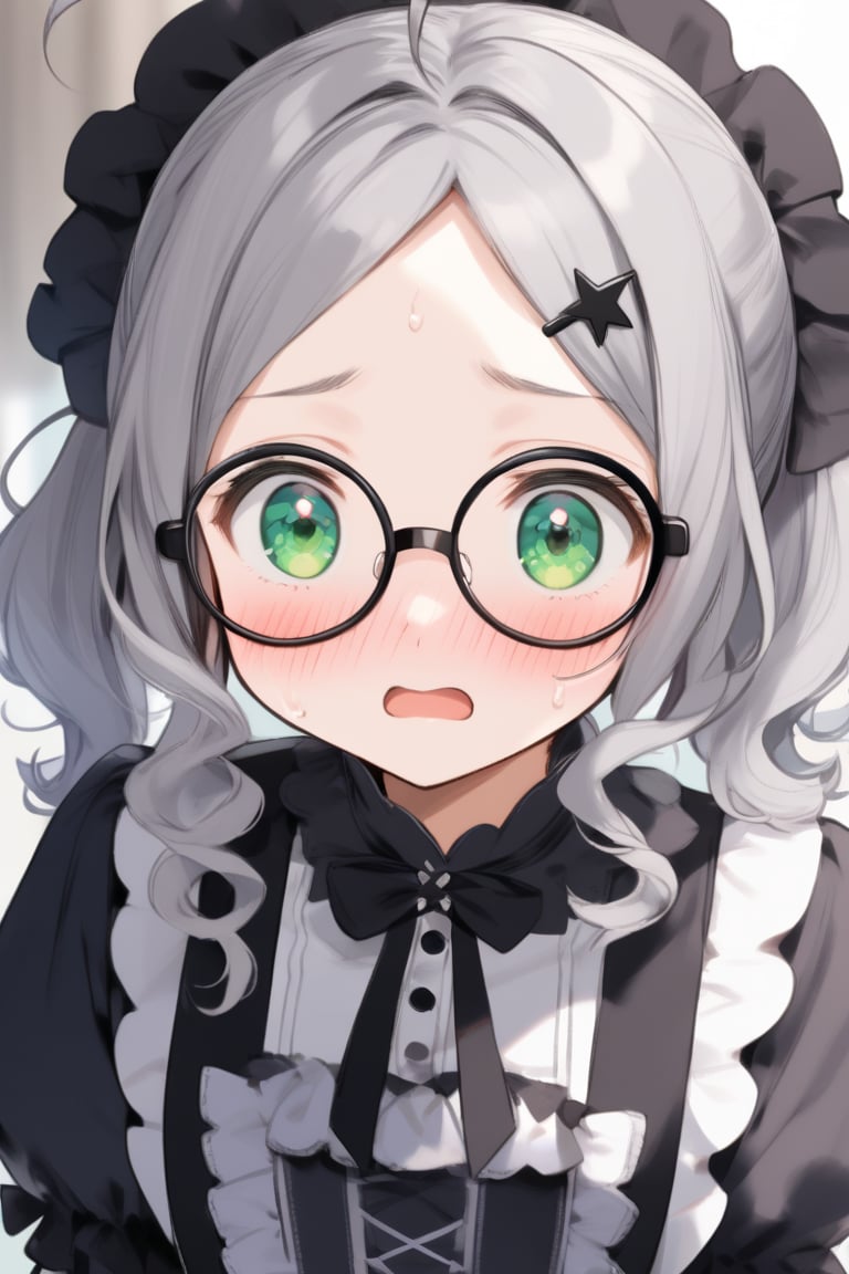  1girl, solo, (gray hair), green eyes, (short Twin ponytails:1.2),  (wavy hair), ahoge, (black round frame glasses:1.2), (black star hairpin), solo, blush, open mouth, Center parted bangs, forehead, lolita_fashion, middle chest, tiny body, cute gothic dress, upper body, sweat, embarrassed,