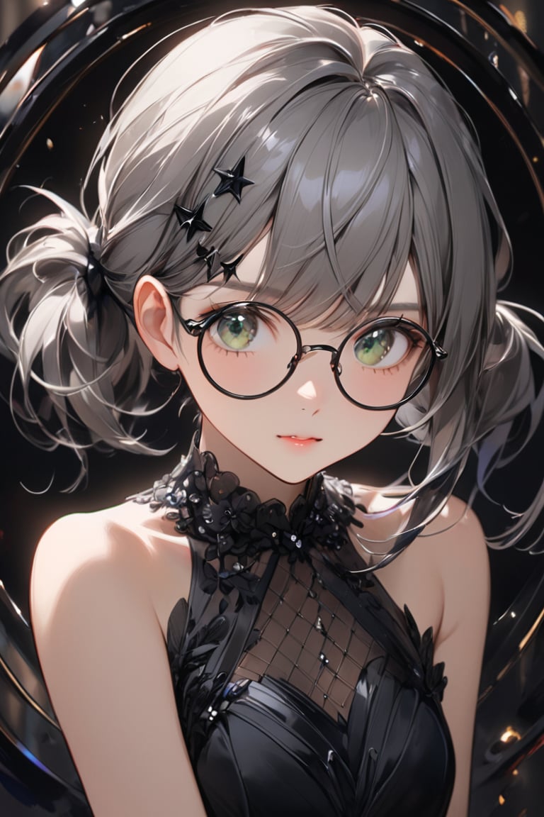  1girl, solo, (gray hair), green eyes, (short Twin ponytails:1.2), ahoge, (black round frame glasses:1.2), (black star hairpin), Beautiful girl. She is very badass, she wears a very fancy evening dress. detailed image, detailed skin, very close-up. Himecut hairstyle, silver brushtrokes in background.,Eyes,Beautiful eyes,INK,Detail