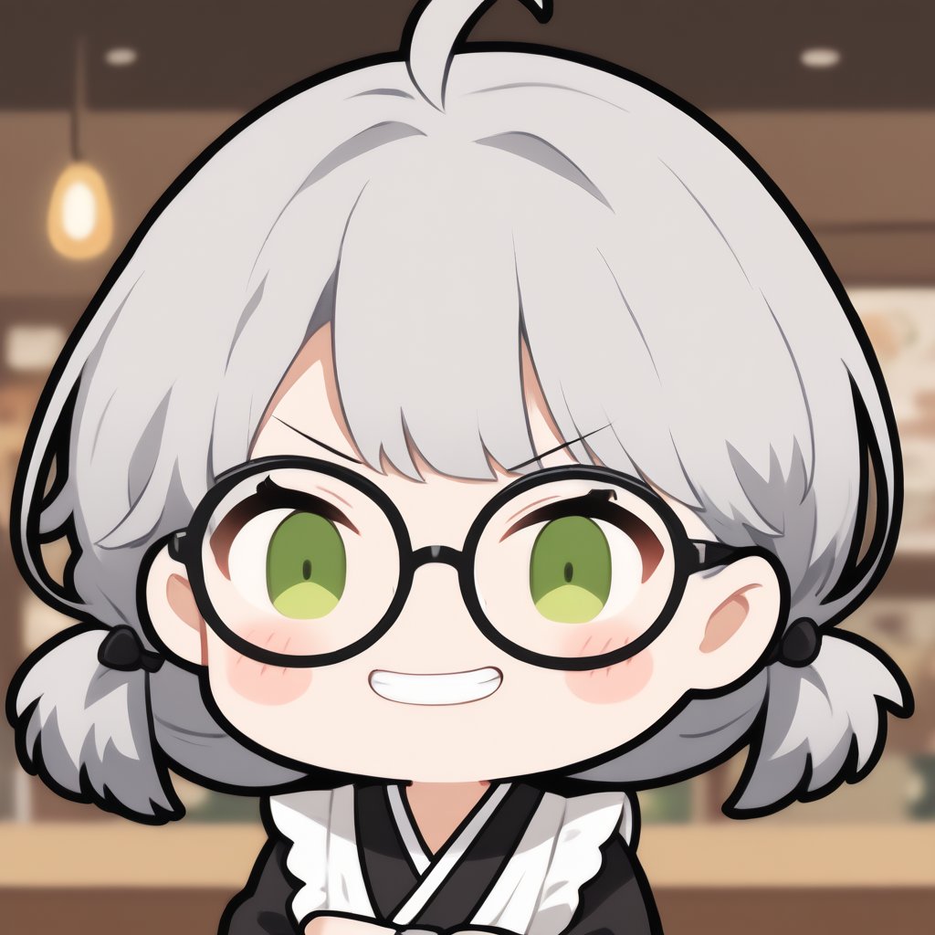 1girl, solo, (gray hair), green eyes, ahoge, (low-pigtail hairs:1.2), (black round frame glasses:1.2), (Arms Crossed), (Japanese Taisho maid costume:1.2), , blush, (In a Japanese cafe), (eyes highlight), standing, ((upper body)), very beautiful girl, crazy smiling, slightly angry, himecut hairstyle, solo, (chibi), (Focus on face), chibi style