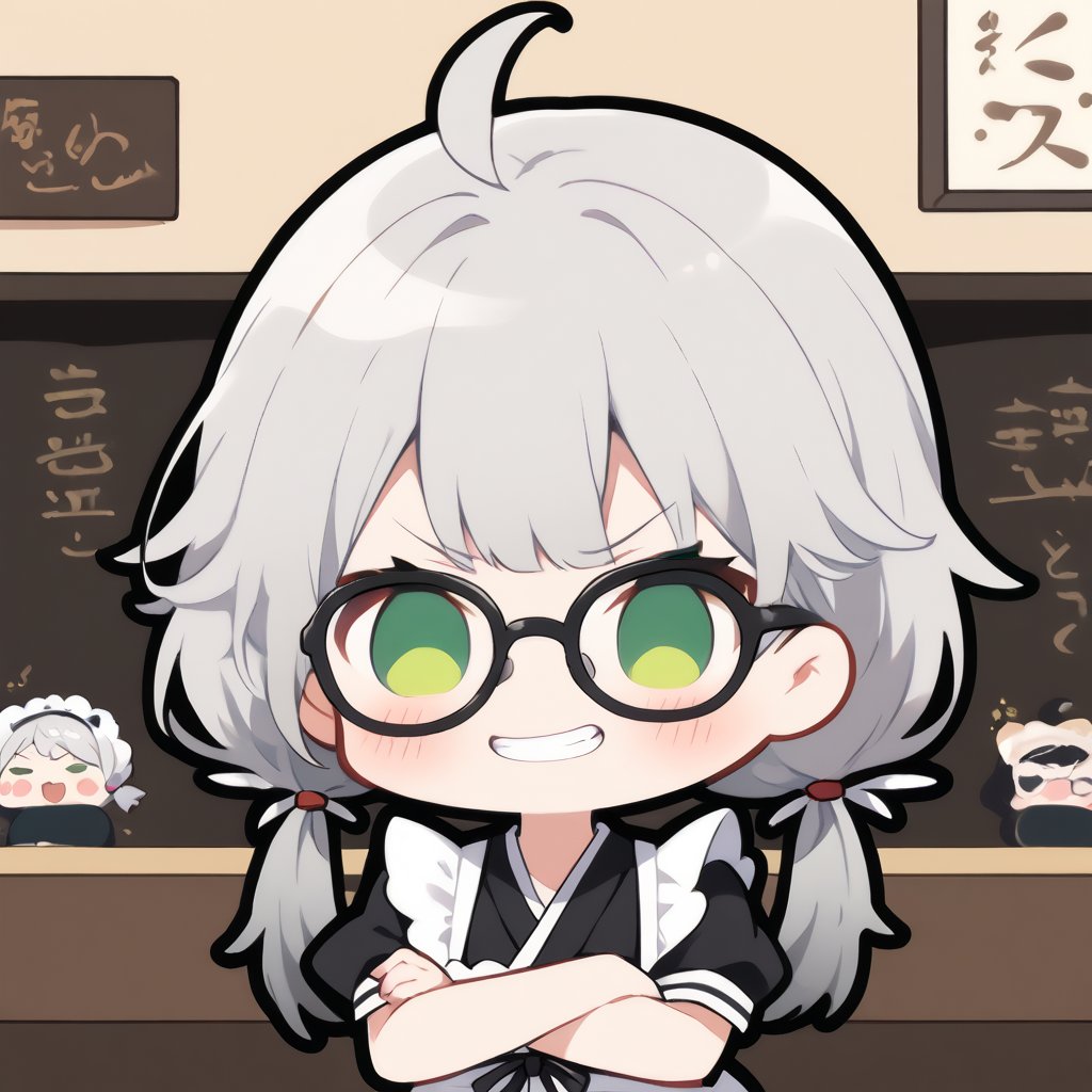 1girl, solo, (gray hair), green eyes, ahoge, (low-pigtail hairs:1.2), (black round frame glasses:1.2), (Arms Crossed), (Japanese Taisho maid costume:1.2), , blush, (In a Japanese cafe), (eyes highlight), standing, ((upper body)), very beautiful girl, crazy smiling, slightly angry, himecut hairstyle, solo, (chibi), (Focus on face), chibi style