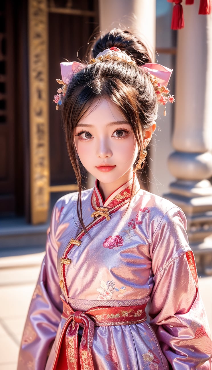 A closeup beautiful cute little girl wear ancient dress at chinese temple 