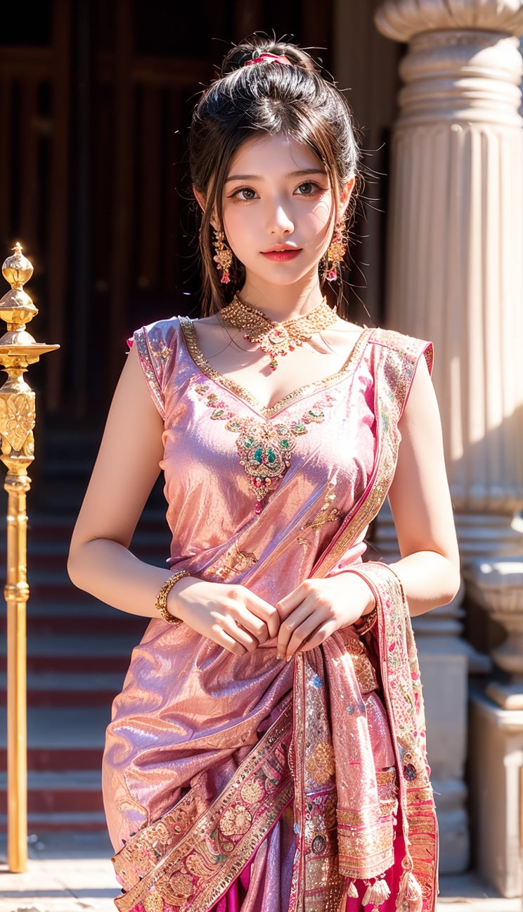 Beautiful nepali girl wear newar dress at Hindu temple 