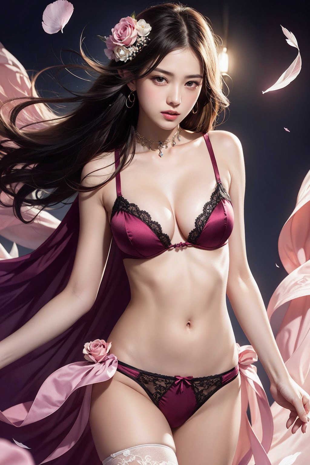 wide spread leg and panties with rose flower lace on the front tied with string panty,  satin panty,  light red by sss on...