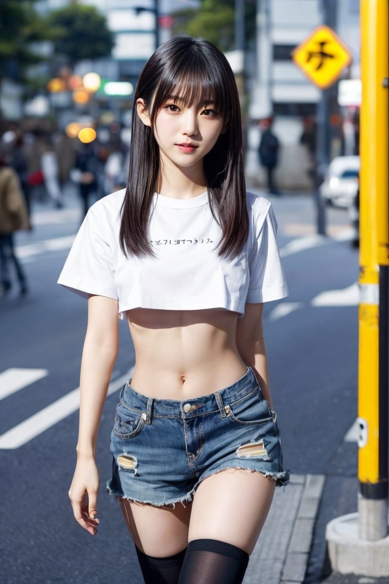 Warm lighting, beautiful Japanese girl, detailed face, sad smile, dark eyes, straight black hair, street fashion, Harajuku, walking, above the thighs, real Japanese girl yurayura_yuura, Enako, wearing a crop shirt with underboob So real