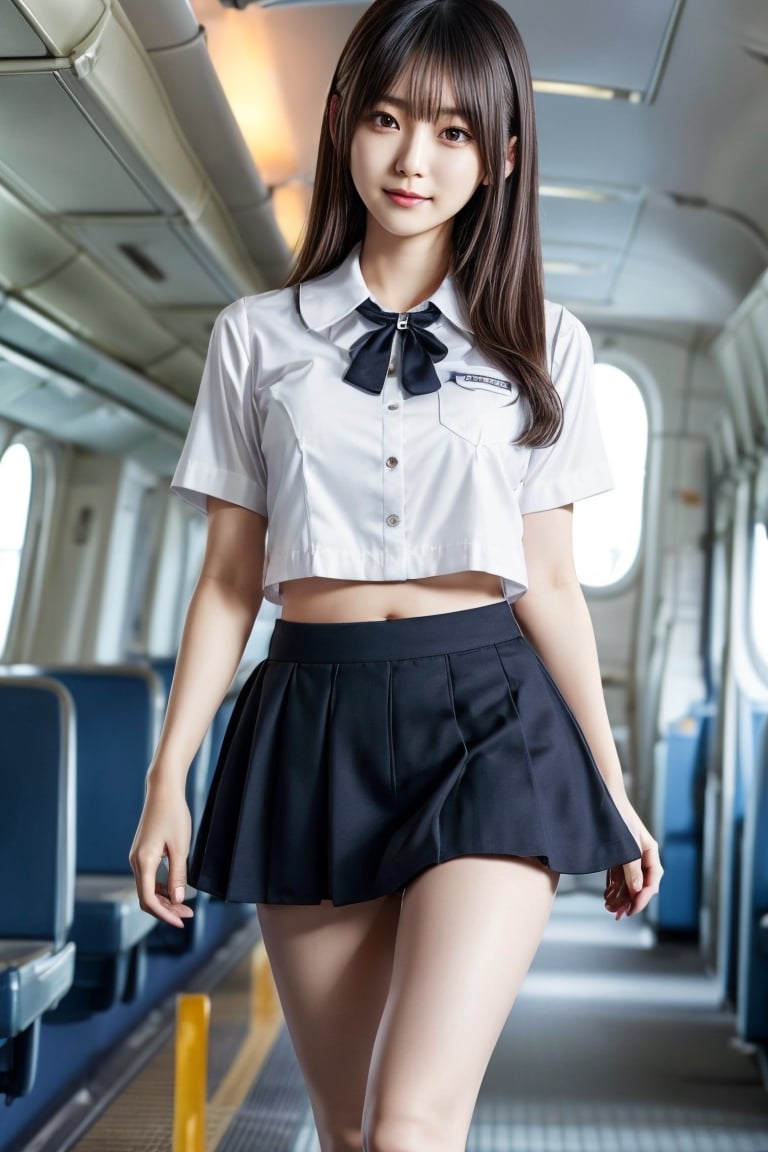 Warm lighting, beautiful Japanese girl, detailed face, sad smile, dark eyes, straight black hair, Stewardess Maid, Shibuya, walking, above the thighs, real Japanese girl yurayura_yuura, Enako, underboob He wears a crop shirt I am wearing .