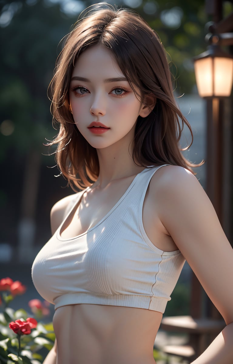 (photorealistic: 1.4), masterpiece, high resolution, perfect lighting, flowers, cinematic lighting, adult, mature, perfect skin, single girl, selfie, from below, heavy makeup, seductive, crop top, summer resort, russian_girl, underb00b,