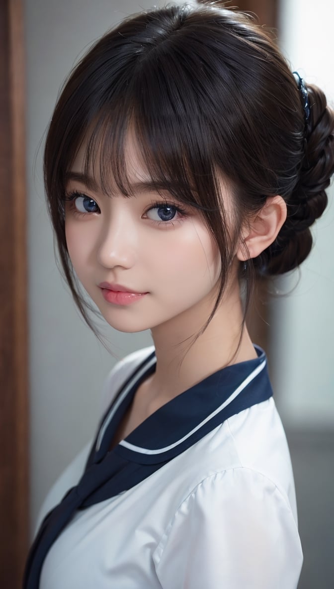 masterpiece, 1 beautiful girl, A detailed eye, Swollen eyes, top-quality, A high resolution, (reality: 1.4), 映画の証明, japanes, Trendy Korean Cosmetics、a asian beauty, very extremely beautiful, Beautiful skins, A slender, Forward-facing body, (A hyper-realistic), (hight resolution), (8K), (ighly detailed), ( Best Illustration), (beautifully detailed eyes), (ultra-detailliert), (wall-paper), 详细的脸, Bright lighting, Professional Lighting, looking at the viewers, Facing straight ahead、a pixie cut、Neat and clean clothing、background slightly blurred、Hair color is black、Hair color is partially bright blue、Japanese high school  girl、School white and navy blue uniform、Amazing smile、Eye color is brown、huge tit
,stasis pod,